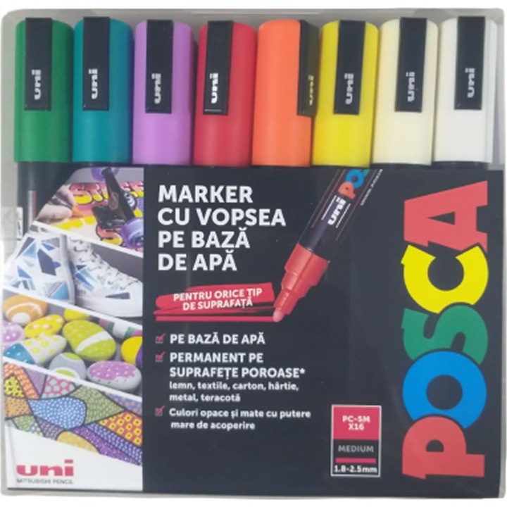 Маркер UNI PC-5M Posca, комплект 16 цвята, 18-25 мм, кръгъл връх