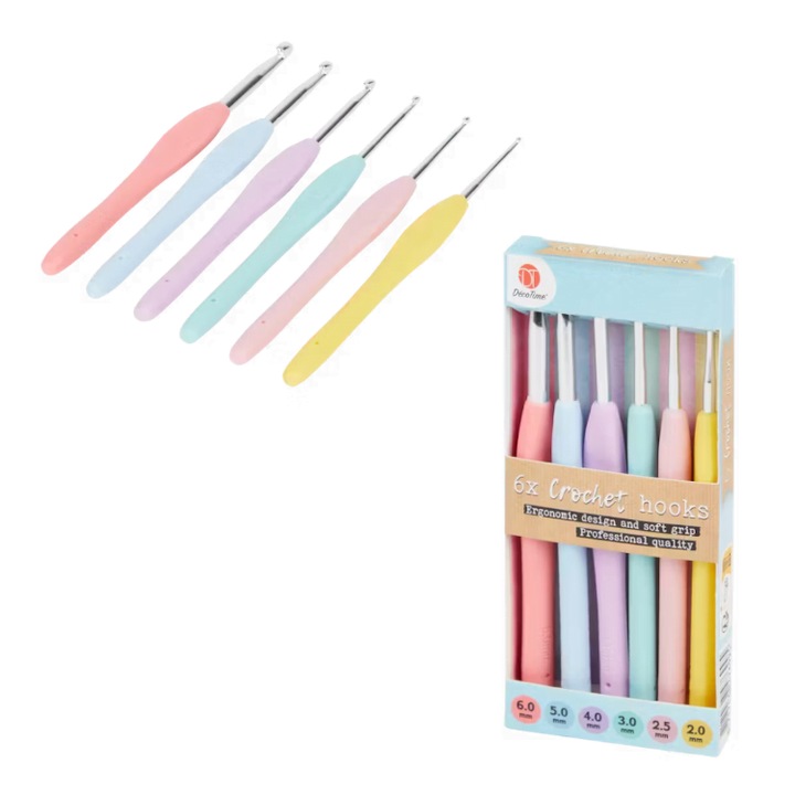 Set 6 crosete cu manere moi, Deco Time, Aluminiu/Plastic cauciucat, Multicolor