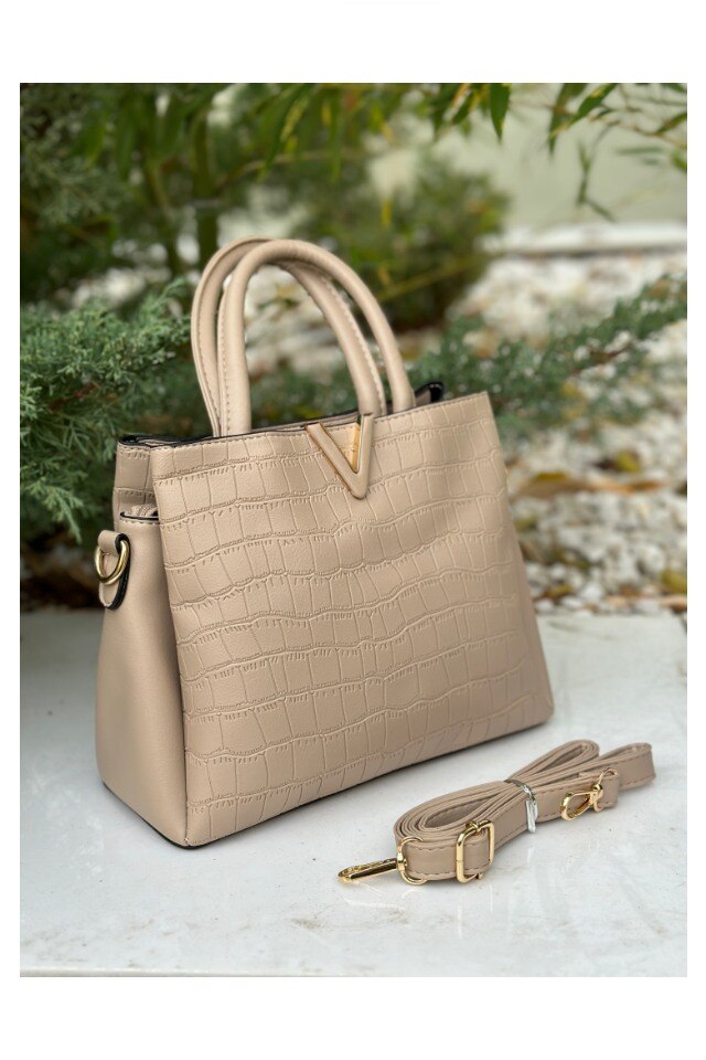 Geanta de dama Irene bej din piele ecologica tip croco, 26 x 21 x 14 cm