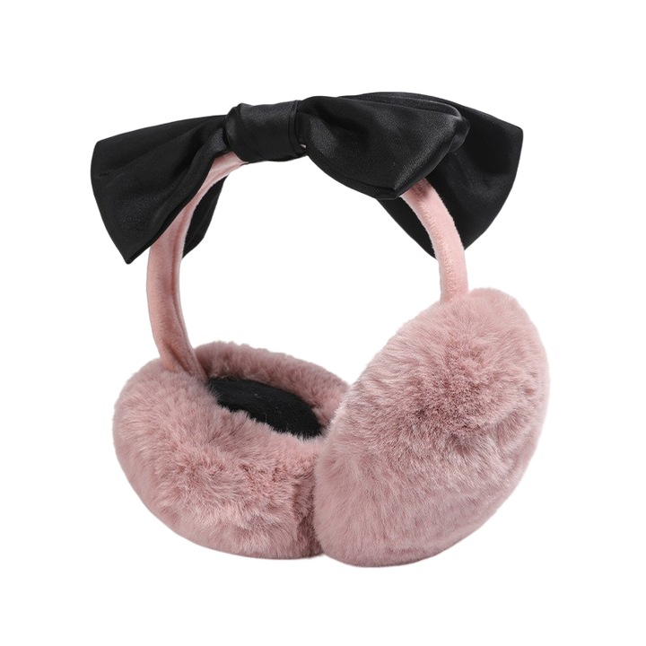 Acoperitori pentru urechi, protectie impotriva frigului, model casti dama cu funda eleganta supradimensionata, tematica fashion winter, marime universala, roz inchis, EFAYN