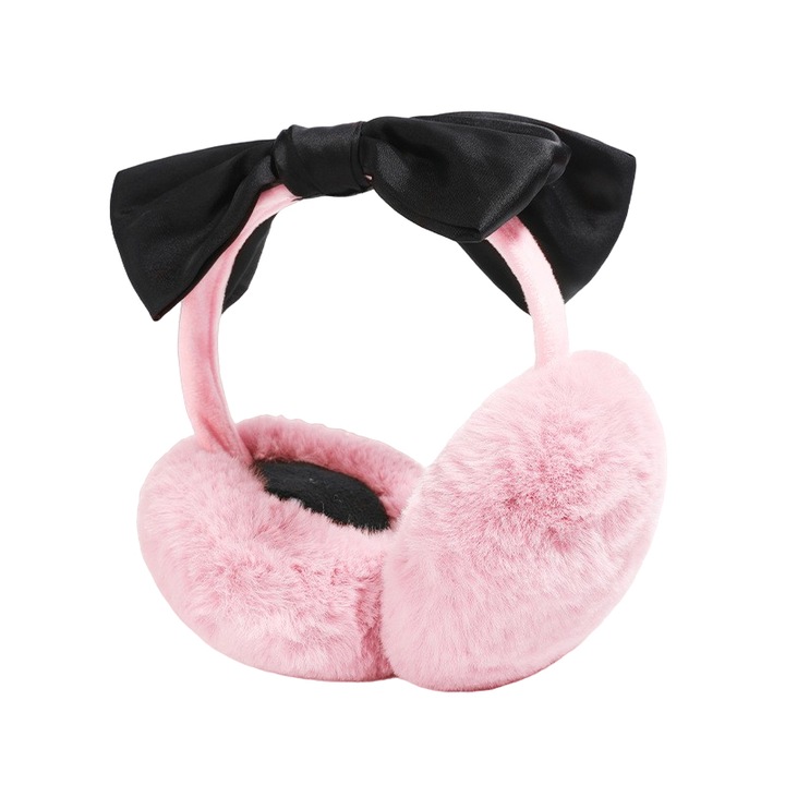 Acoperitori pentru urechi, protectie impotriva frigului, model casti dama cu funda eleganta supradimensionata, tematica fashion winter, marime universala, roz deschis, EFAYN