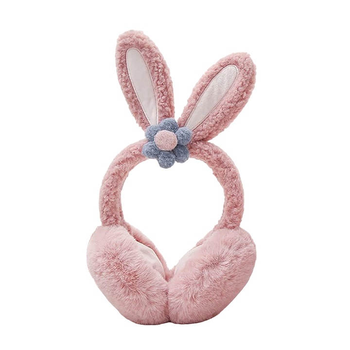 Acoperitori pentru urechi, protectie impotriva frigului, model casti dama cu urechiuse de iepuras si fundita, tematica flower bunny, marime universala, roz inchis, EFAYN