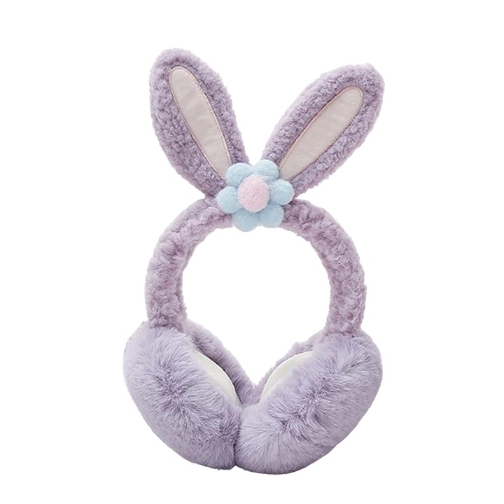 Acoperitori pentru urechi, protectie impotriva frigului, model casti dama cu urechiuse de iepuras si fundita, tematica flower bunny, marime universala, mov, EFAYN