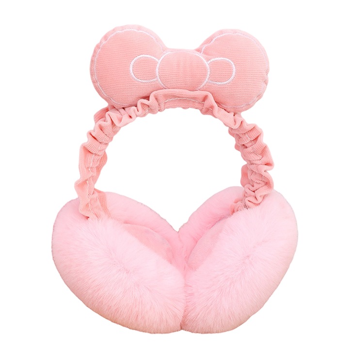 Acoperitori pentru urechi, protectie impotriva frigului, model casti dama cu funda gigantica, tematica desene animate cu fundite, marime universala, roz deschis, EFAYN