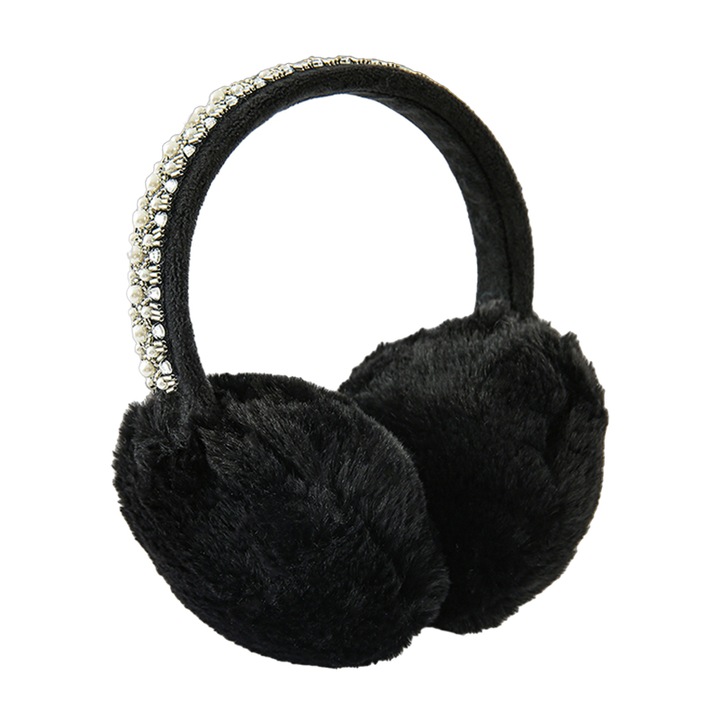 Acoperitori pentru urechi, protectie impotriva frigului, model casti dama rotunde, accesorizate cu margelute, tematica royal fashion, marime universala, negre, EFAYN