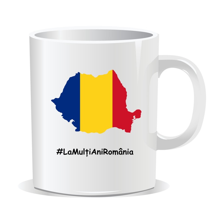 Cana personalizata, mandru ca sunt roman, drapel, harta romaniei, La multi ani Romania, 1 decembrie, 330 ml, interior alb