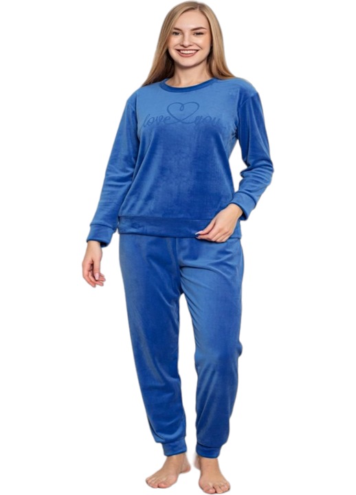 Pijama dama catifea, StarFashion, bluza cu maneca lunga, Albastru royal