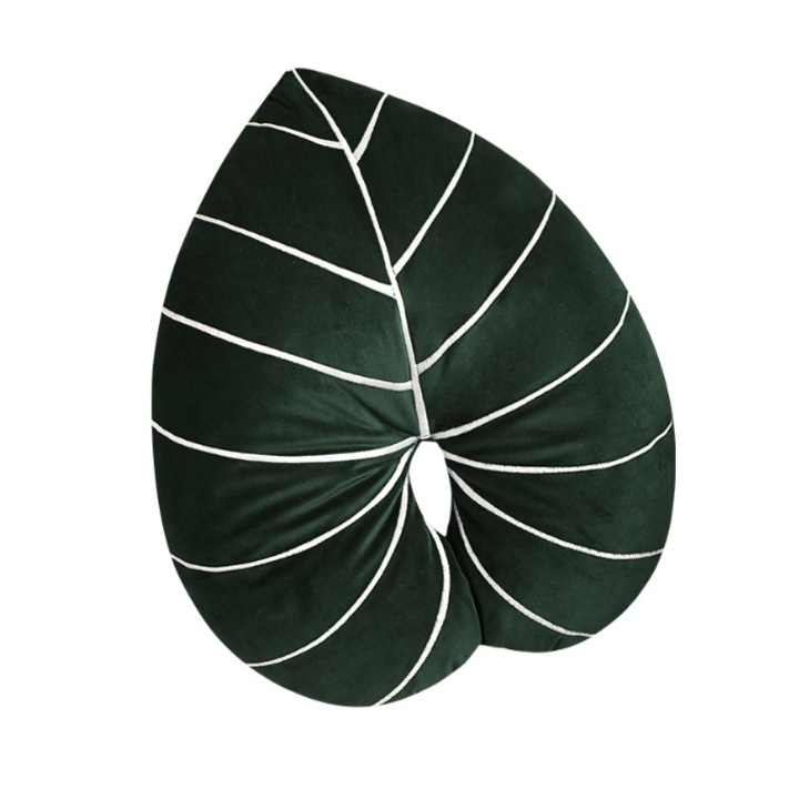 Декоративна възглавница във формата на листо, Хедо, Полар/Полипропилен, 44x52 см, Бяло/Тъмно зелено