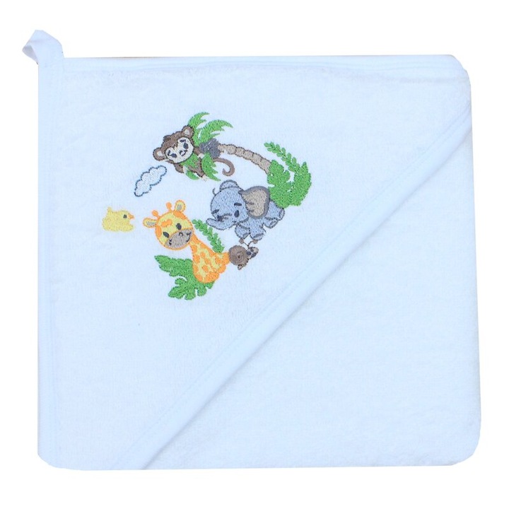 Prosop cu gluga, bumbac, Girafa si prietenii, alb, 80 x 100 cm