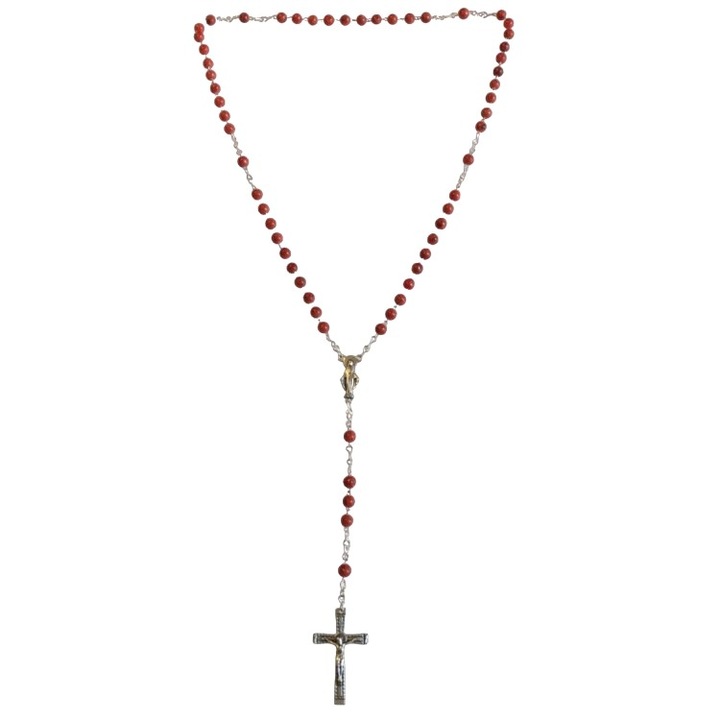 Rózsafüzér, szivacskorall, korál gyógyító ásvány, 5-tizedes, nyaklánc, körméret: 66 cm, hossz: 50 cm, piros