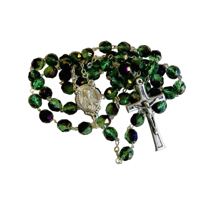 Rózsafüzér, olvasó, 5-tizedes, nyaklánc, üveg, kristály, körméret: 78 cm, hossz: 56 cm, zöld, kék
