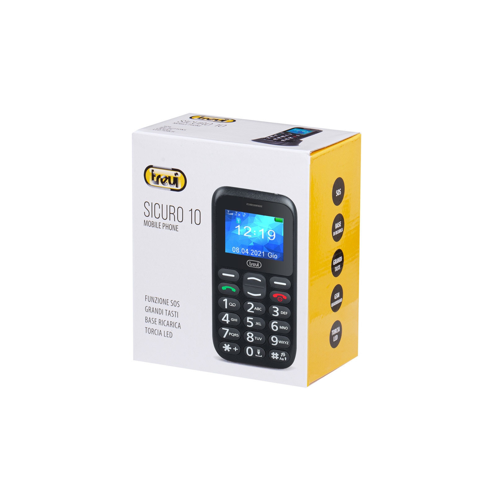 Telefon seniori Trevi SICURO 10 cu butoane mari iluminate difuzor, lanterna, agenda 200, 5 numere cu functie SOS, iesire casti, ceas, alarma negru