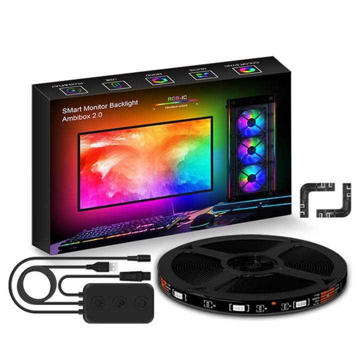 Banda Led Sincronizare Monitor, Lumina RGBIC, Compatibil pentru 30 de inchi, Sincronizare Muzica si Jocuri, 1, 5M Lungime