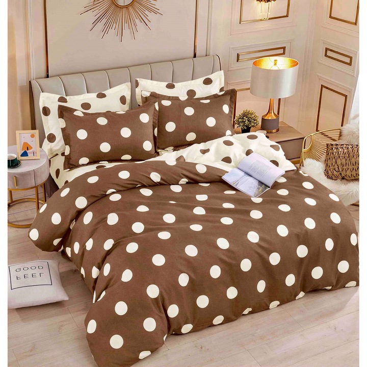 Set Lenjerie de pat cu 6 piese pentru 2 persoane, Tecos, pilota 200x230 cm, cearceaf cu elastic 180x200 cm, bumbac finet, rosu cu buline negre