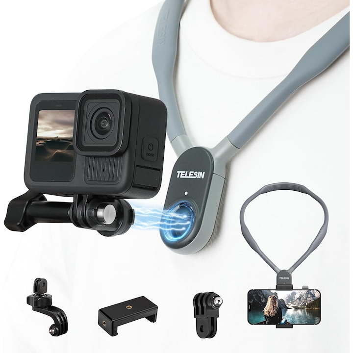 Магнитна опора за камера, Telesin, Силикон, Стойка за екшън камера за колоездене, Съвместима, Черен/Сив