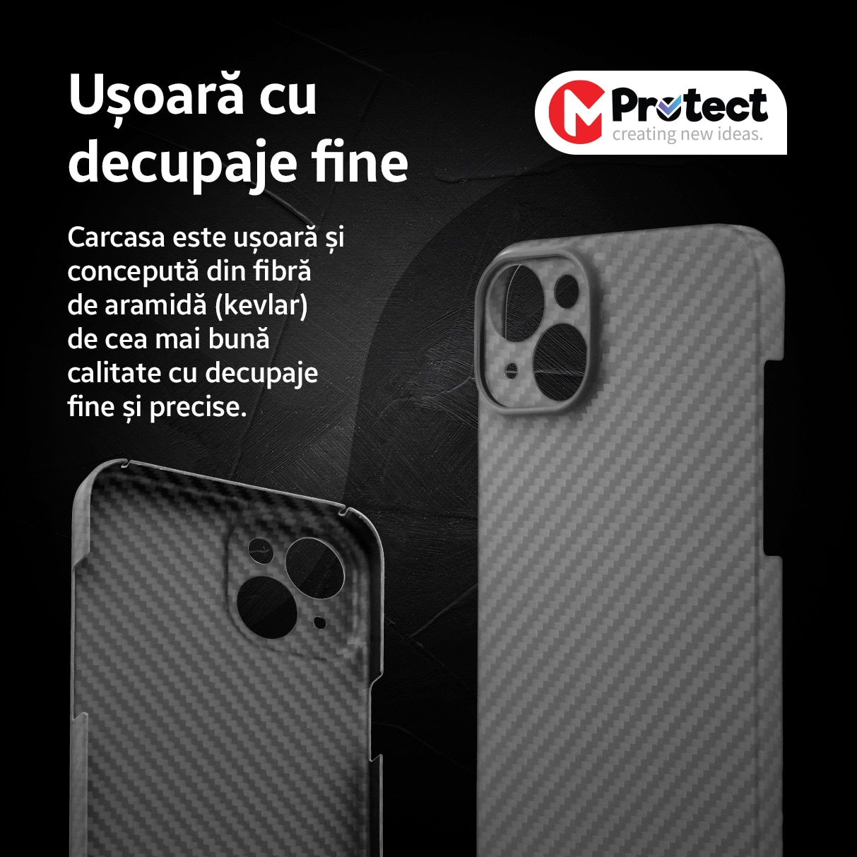Husa de protectie Kevlar MProtect® Premium din fibra de aramida pentru Apple iPhone 15, MagSafe, Antisoc, Protectie camera, Ultra Safe, Carbon