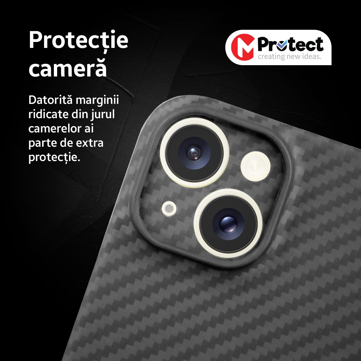 Husa de protectie Kevlar MProtect® Premium din fibra de aramida pentru Apple iPhone 15, MagSafe, Antisoc, Protectie camera, Ultra Safe, Carbon