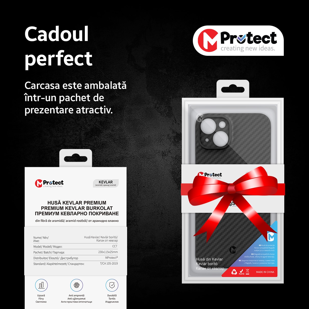 Husa de protectie Kevlar MProtect® Premium din fibra de aramida pentru Apple iPhone 15, MagSafe, Antisoc, Protectie camera, Ultra Safe, Carbon