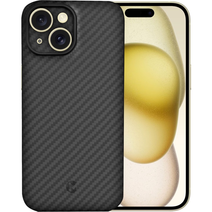 Husa de protectie Kevlar MProtect® Premium din fibra de aramida pentru Apple iPhone 15, MagSafe, Antisoc, Protectie camera, Ultra Safe, Carbon