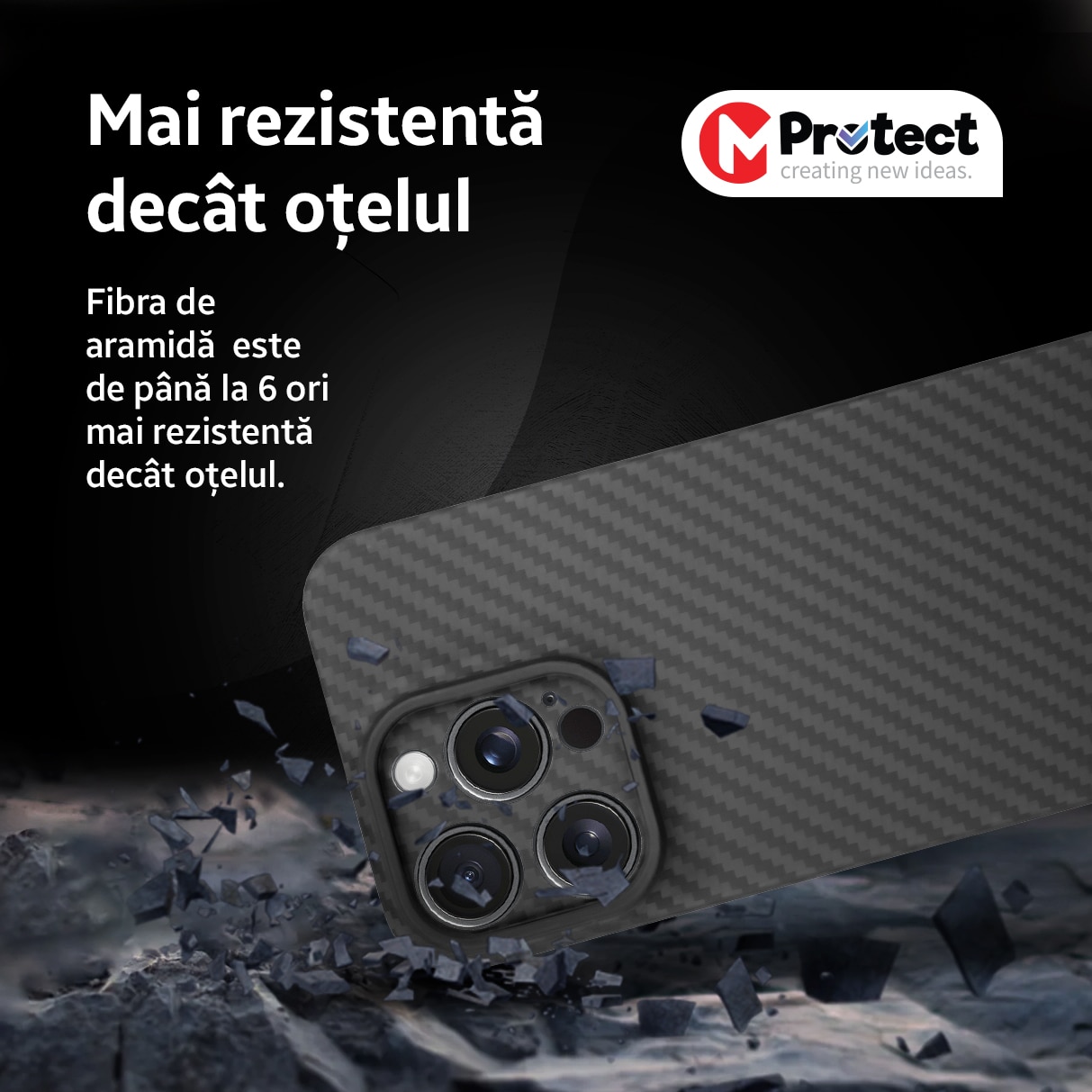 Husa de protectie Kevlar MProtect® Premium din fibra de aramida pentru Apple iPhone 15 Pro, MagSafe, Antisoc, Protectie camera, Ultra Safe, Carbon