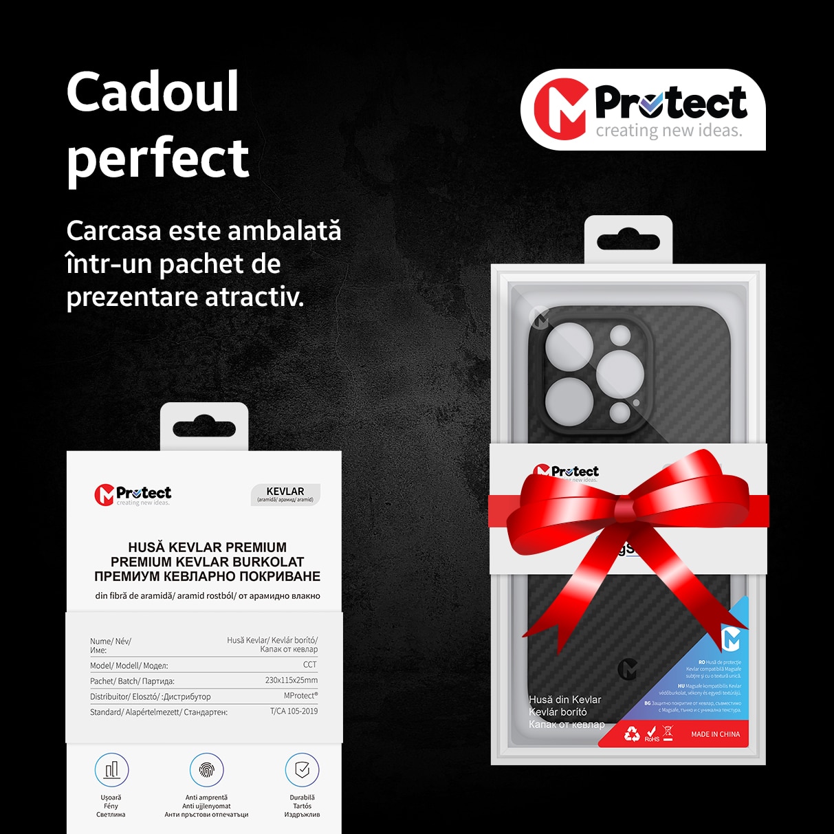 Husa de protectie Kevlar MProtect® Premium din fibra de aramida pentru Apple iPhone 15 Pro, MagSafe, Antisoc, Protectie camera, Ultra Safe, Carbon
