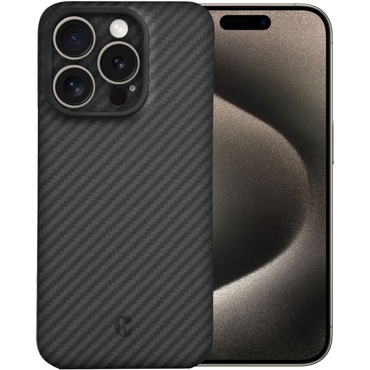 Husa de protectie Kevlar MProtect® Premium din fibra de aramida pentru Apple iPhone 15 Pro, MagSafe, Antisoc, Protectie camera, Ultra Safe, Carbon
