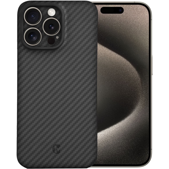 Husa de protectie Kevlar MProtect® Premium din fibra de aramida pentru Apple iPhone 15 Pro Max, MagSafe, Antisoc, Protectie camera, Ultra Safe, Carbon