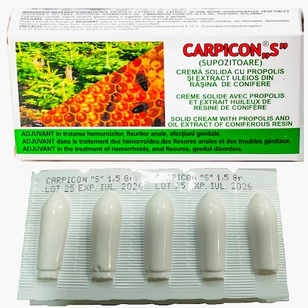Supozitoare Carpicon S, adjuvant in tratarea hemoroizilor, fisurilor anale, afectiunilor genitale, blister, 10buc x 1.5gr, Elzin Plant
