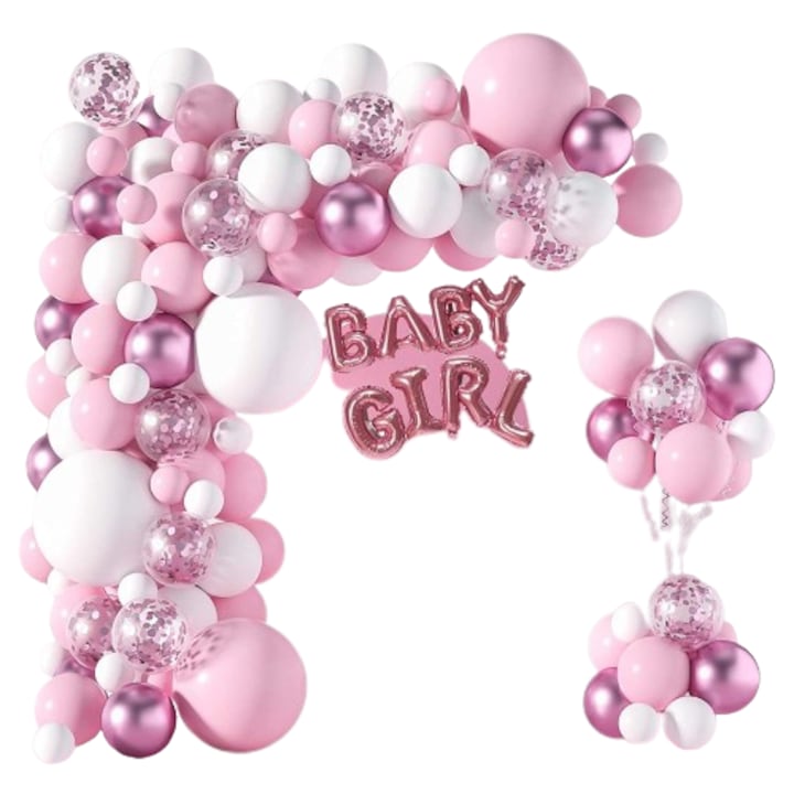 Арка с балон за кръщене на момиченце TrendiShop®, изработена от 116 части, първокласно качество, латексов материал, професионална и издръжлива, идеална за рождени дни или незабравими партита, розово-бяла