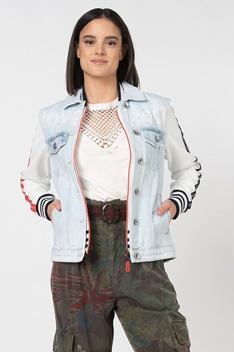 DESIGUAL, Jacheta de denim cu maneci de plasa, Albastru deschis