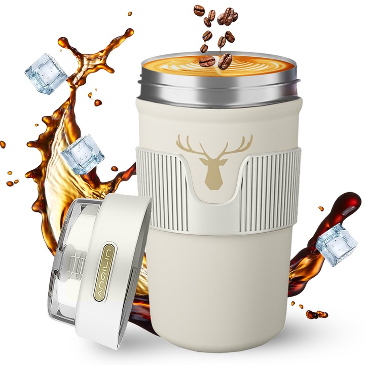 Cana termica, Xinxu, pentru cafea, ceai, espresso, ciocolata sau bauturi reci, sistem 360°, Perete izolator cu sase straturi, 400ml, Inox, Alb