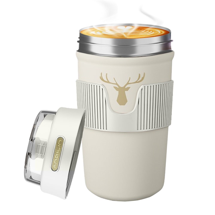 Termikus bögre, Xinxu, kávéhoz, teához, eszpresszóhoz, csokoládéhoz vagy hideg italokhoz, 360°-os rendszer, hatrétegű szigetelő fal, 400ml, Rozsdamentes acél, Fehér