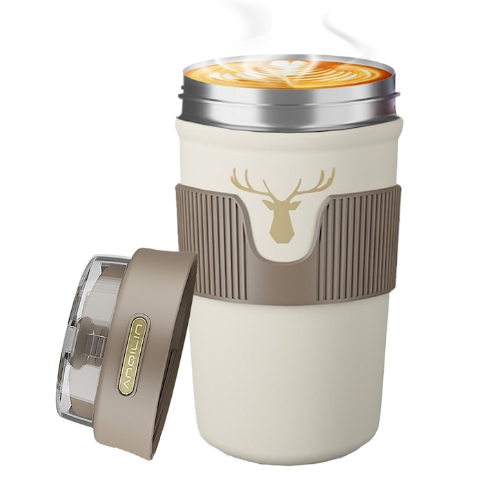 Termikus bögre, Xinxu, kávéhoz, teához, eszpresszóhoz, csokoládéhoz vagy hideg italokhoz, 360°-os rendszer, hatrétegű szigetelő fal, 400ml, Rozsdamentes acél, Barna