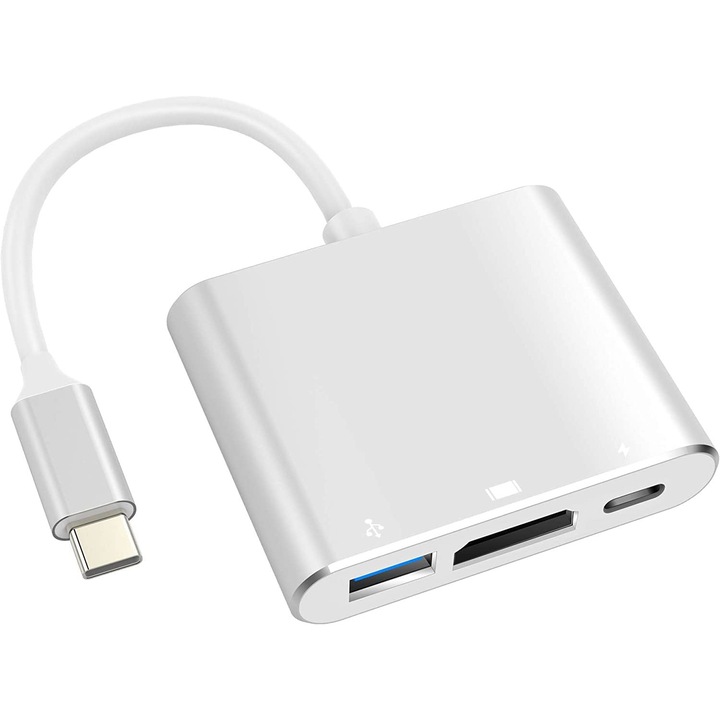 Хъб адаптер 3 в 1, USB C към HDMI 4K, USB 3.0, съвместим за MacBook Pro, сребрист