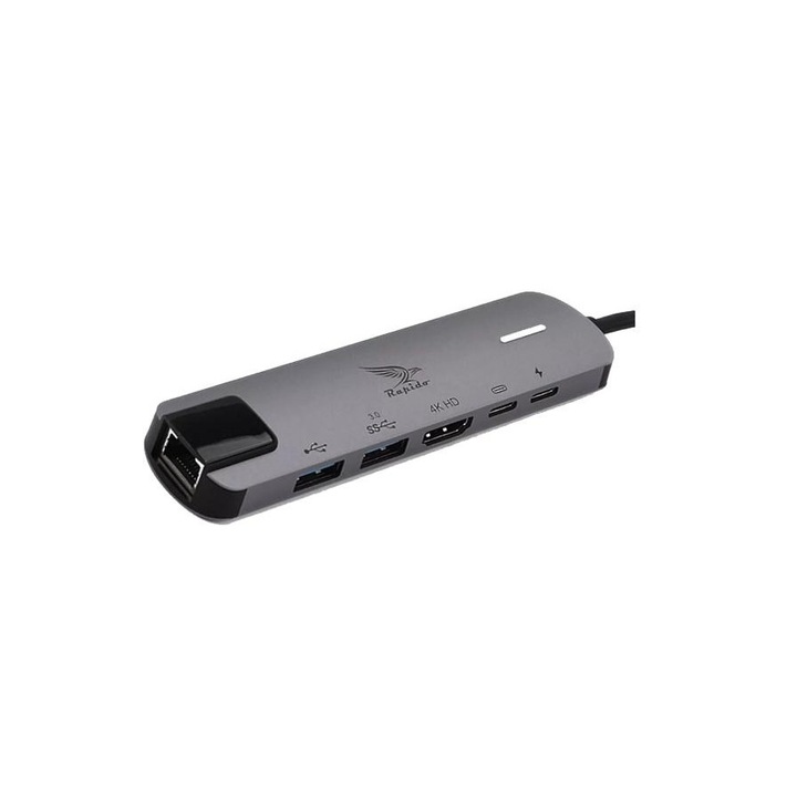 USB C elosztó, Rapido, 6 az 1-ben USB C – HDMI Ethernettel, ezüst