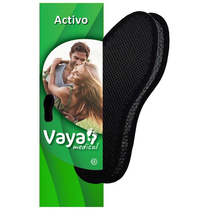 Talpbetét izzadásgátló sportcipőhöz, Vaya Activo, aktív szén, fekete, 43 EU, 1 pár