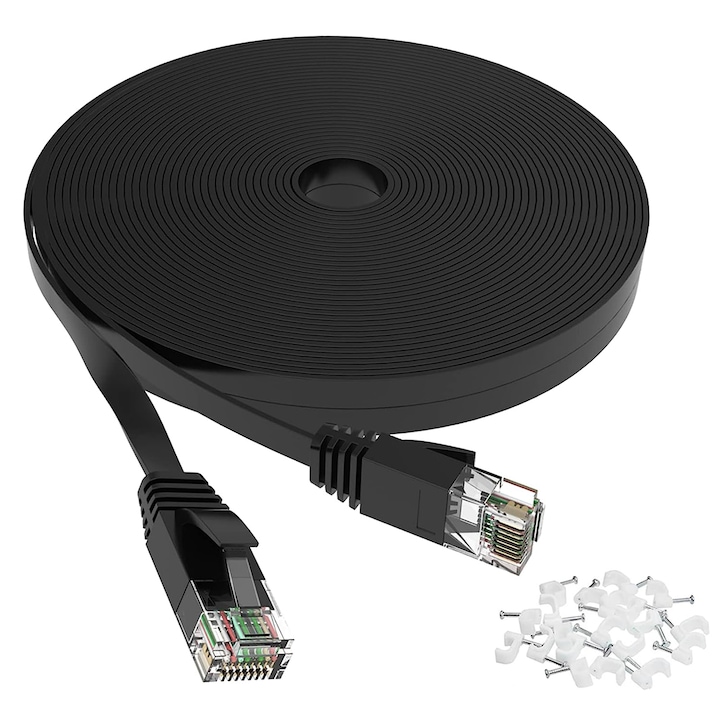 Cablu UTP Retea, NUODWELL, Format Plat Flexibil Cat6, Ethernet Internet lung de 15 m cu mufa, conector RJ45, 20 elemente de fixare incluse, negru