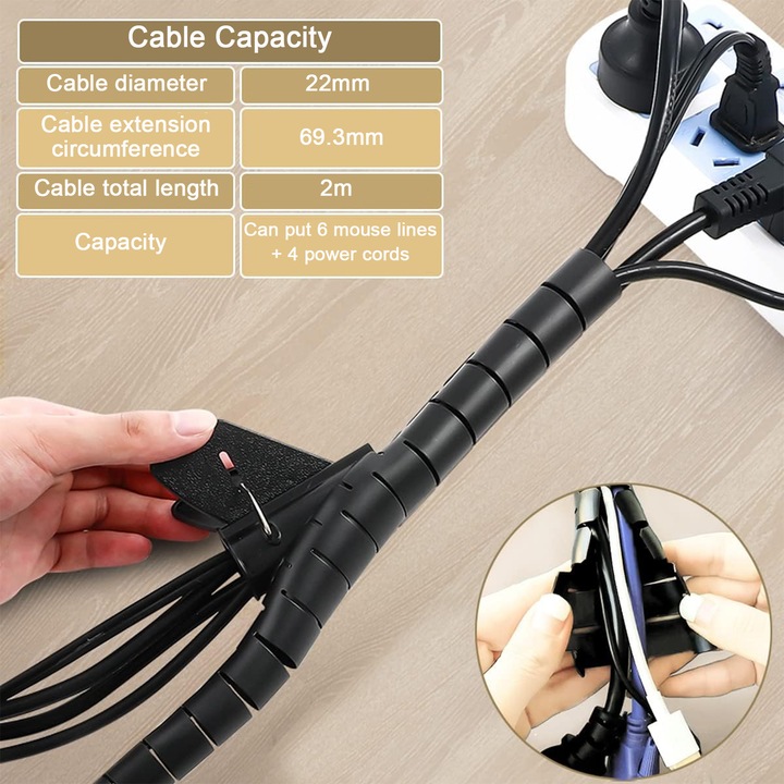 Kábelvédő cső és kábelrendező, NUODWELL, átmérő 22mm, hossz 2m, puha és rugalmas, PE anyag, könnyen szerelhető, otthoni és irodai használatra alkalmas, fekete