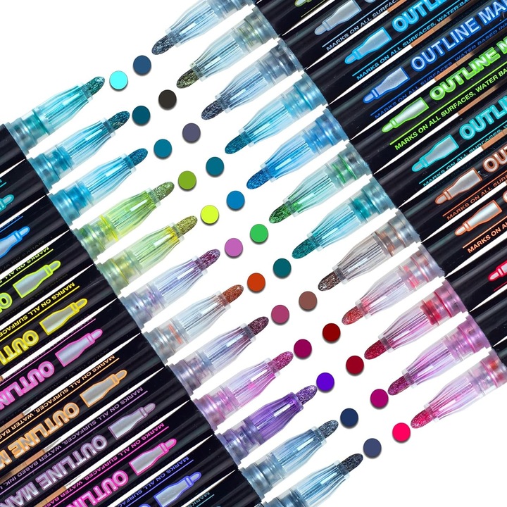 Set 24 markere multicolore, cu vopsea acrilica, varf 2mm, doodle outline, pentru hartie, piatra, sticla, ceramica, lemn, textile, panza
