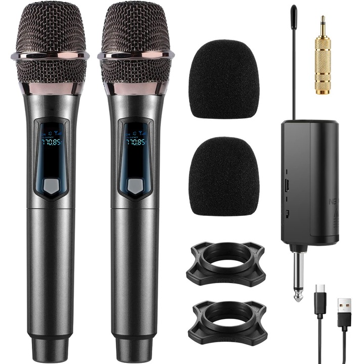 Set 2 microfoane wireless profesionale, weirsuky™, omnidirectionale, Portabile, pentru Karaoke, Conferinte, Evenimente, raza actiune 80 m, negru
