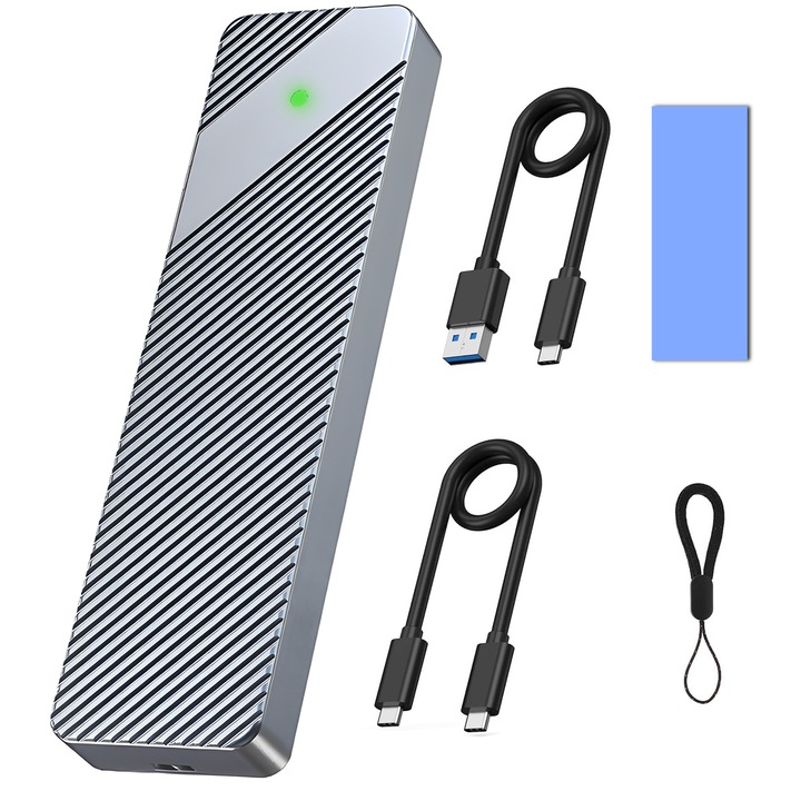 Carcasa SSD externa M.2 NVMe SATA, JESWO®, 10Gbps, USB-C, Aluminiu, Argintiu