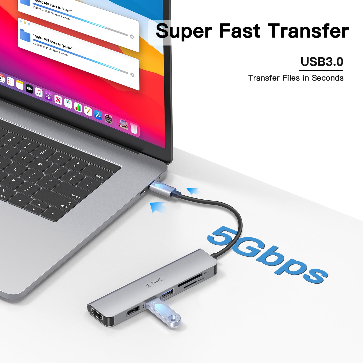 Hub USB C 7-en-1 JESWO - HDMI 4K, USB 3.0, PD 100W, Lecteur SD/TF - Compatible MacBook, IPad, Dell