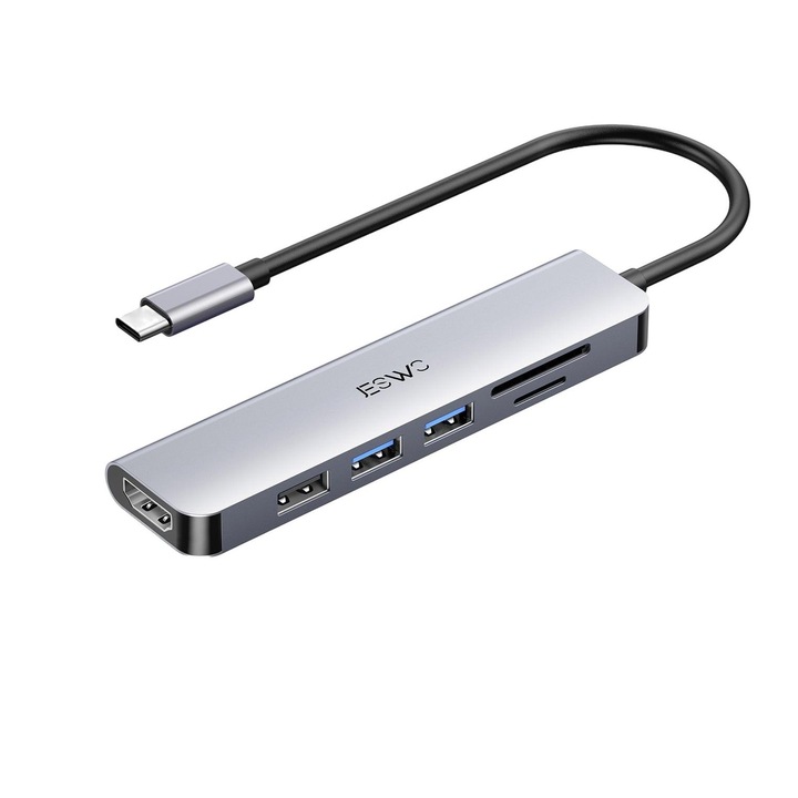 Хъб USB-C JESWO, 6-в-1, 4K HDMI, SD/TF, 2xUSB 3.0, Алуминий, Сребрист
