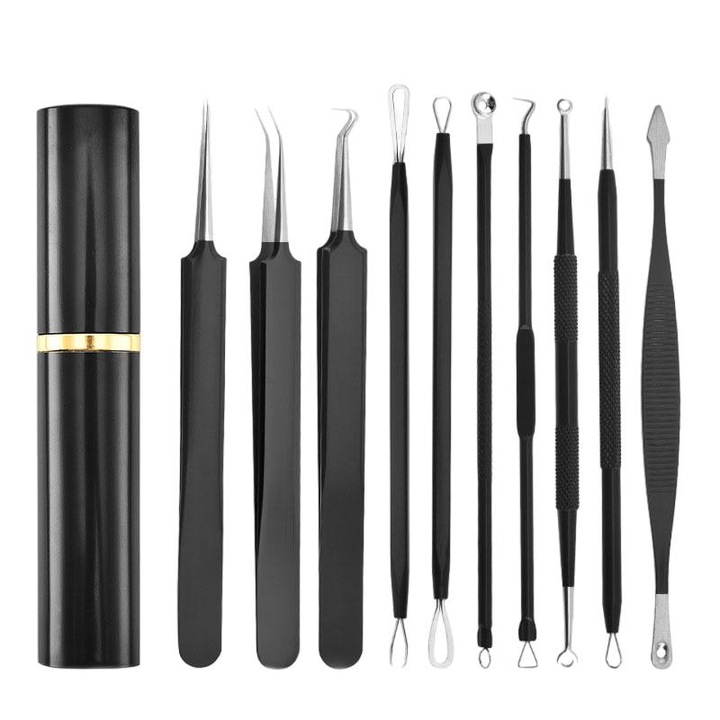 Set 10 pensete pentru extragerea punctelor negre, FMK, Inox, 14.5 x 2.8 x 2cm, Negru