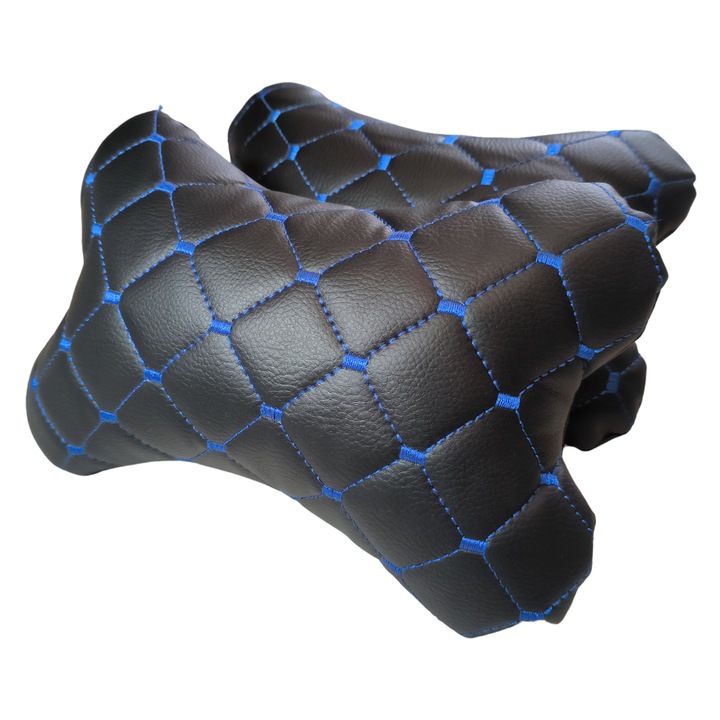 Set 2 Perne Tetiere Auto Premium ILVI din Piele Artificiala Ecologica, Negru Cusatura Albastra, Accesoriu, Memory Foam, Suport Gat, Ajustabile, Confortabile si Respirabile, Protectie Coloana Cervicala