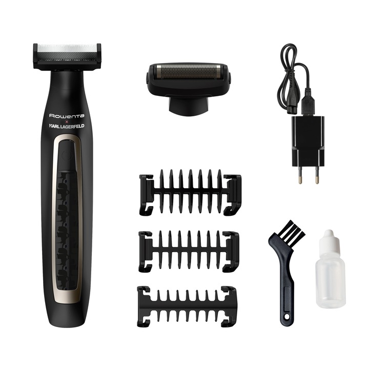 Aparat de tuns, ras si conturat Rowenta X Karl Lagerfeld Forever Sharp TN602LF0, 8000 rpm, lame inox, autonomie 120 minute, negru