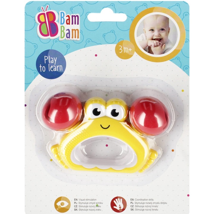 Jucarie zornaitoare pentru bebelusi, Bam Bam, Model crab, 15 x 20 cm, + 3 luni, Multicolor