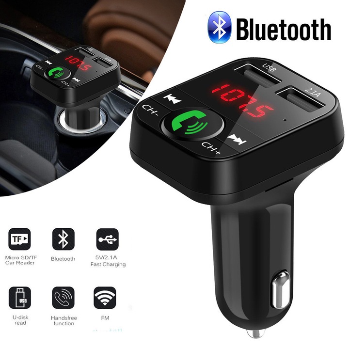 Transmitator FM Bluetooth auto 3 in 1, negru, incarcare USB 2.1A, apeluri hands-free