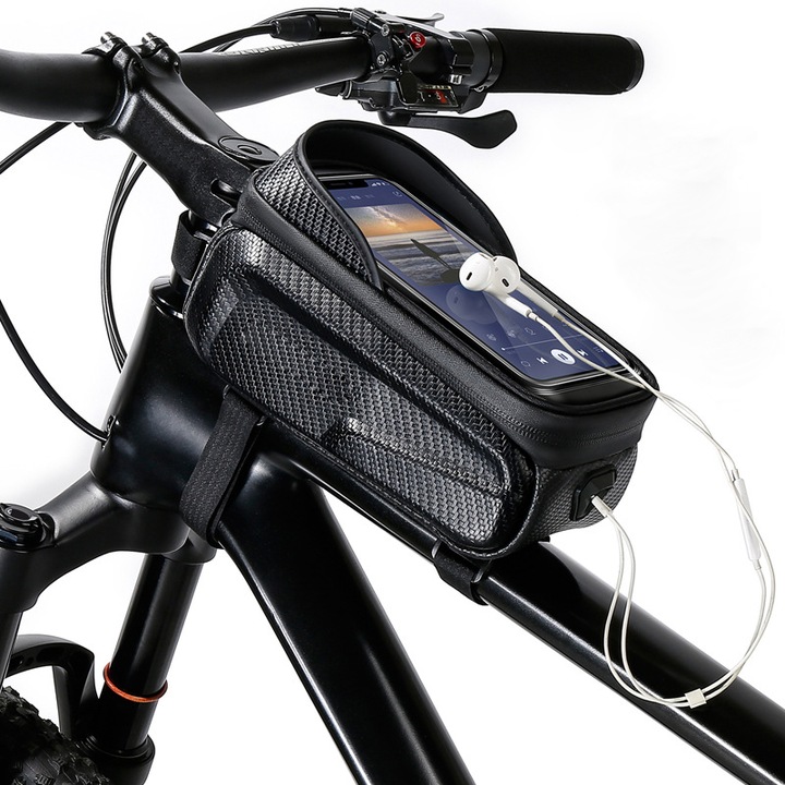 Borseta pentru bicicleta cu suport de telefon, SDLOGAL, Impermeabil, montare pe ghidon, pentru telefoane pana in 6.8 inch, cablu jack 3.5 mm inclus, 1L, EVA, Negru