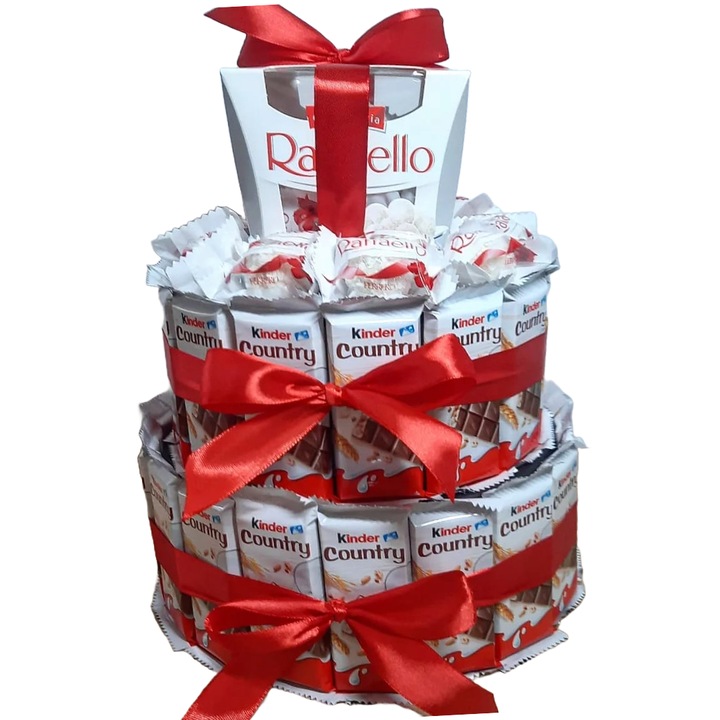 Tort pe doua etaje cu batoane de ciocolata si praline din cocos, 51 de produse